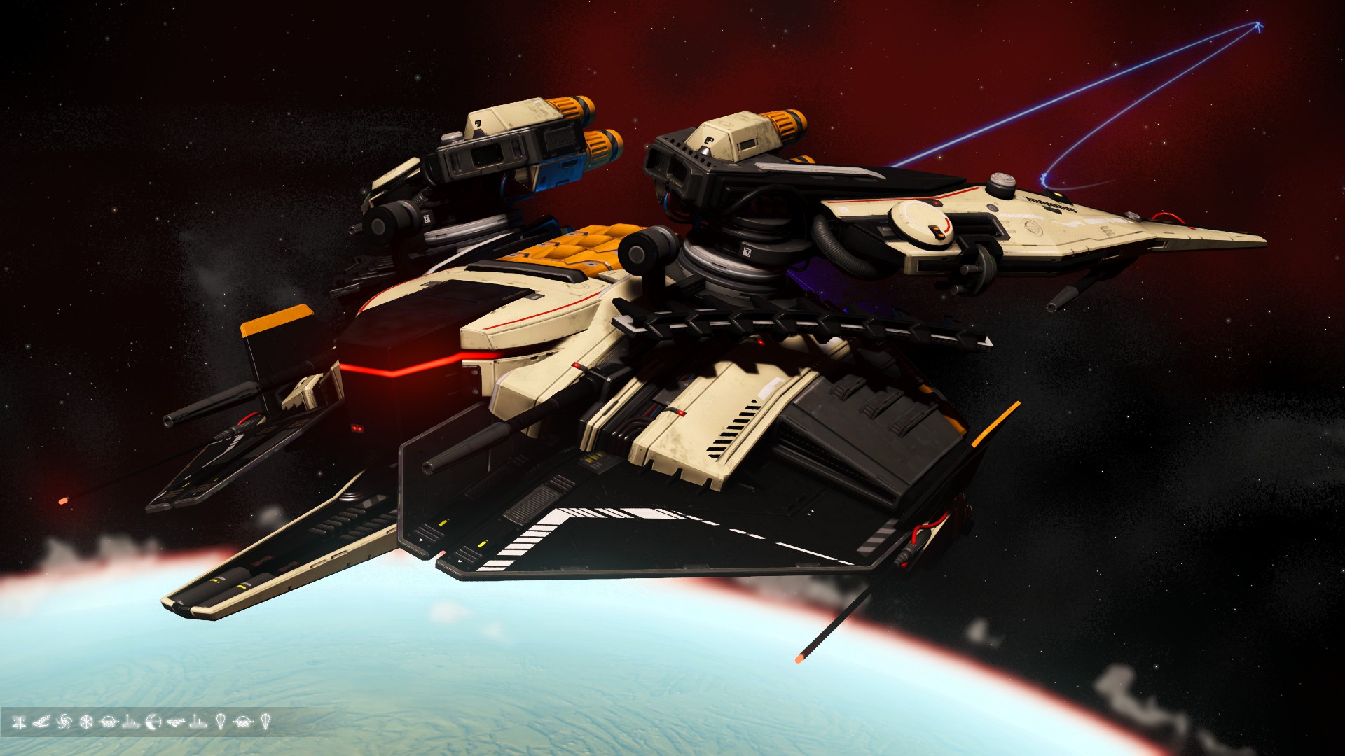 beige and orange interceptor ship with dragonfly wings in calypso galaxy
