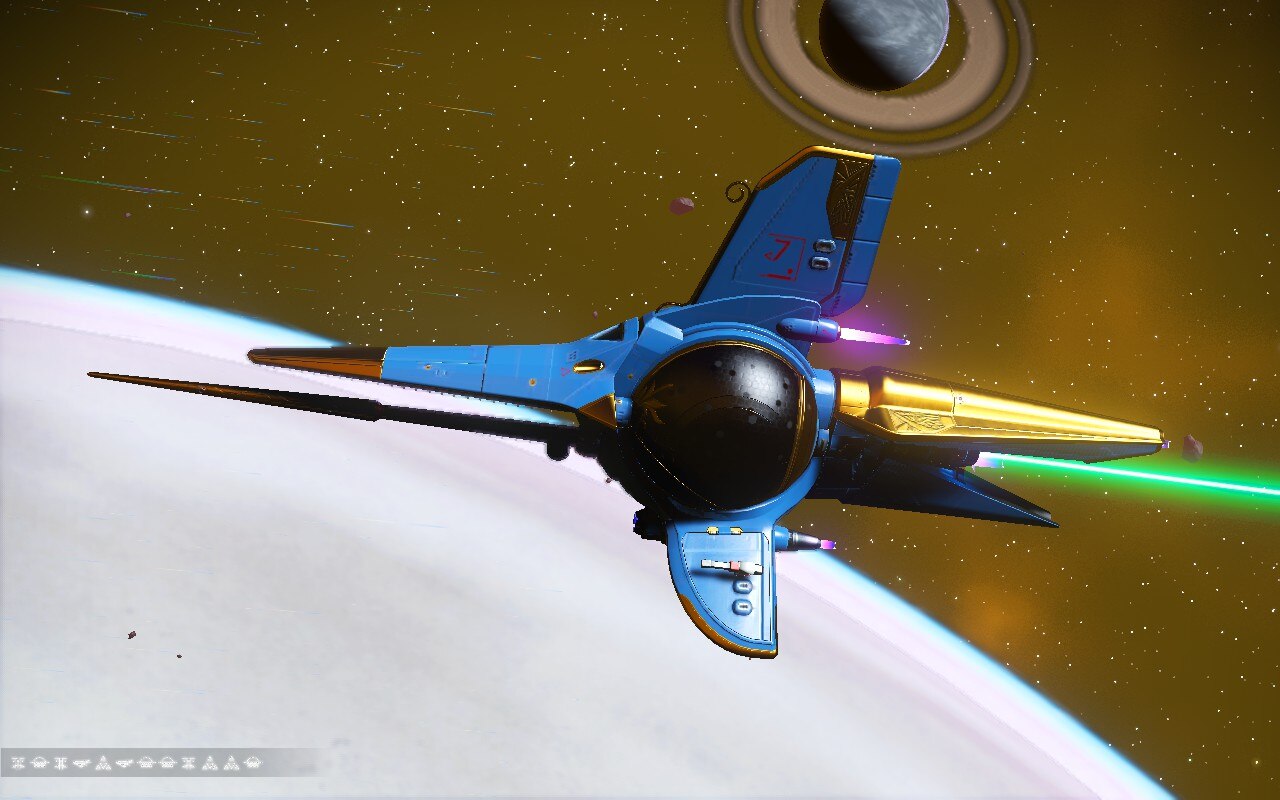blue royal exotic ship with gold accents in isdoraijung galaxy